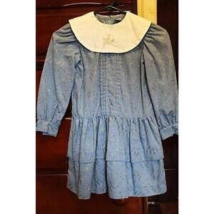 Girl's Blue & White Party Dress With Silver Decoration, Size 8, Homemade, 1980s